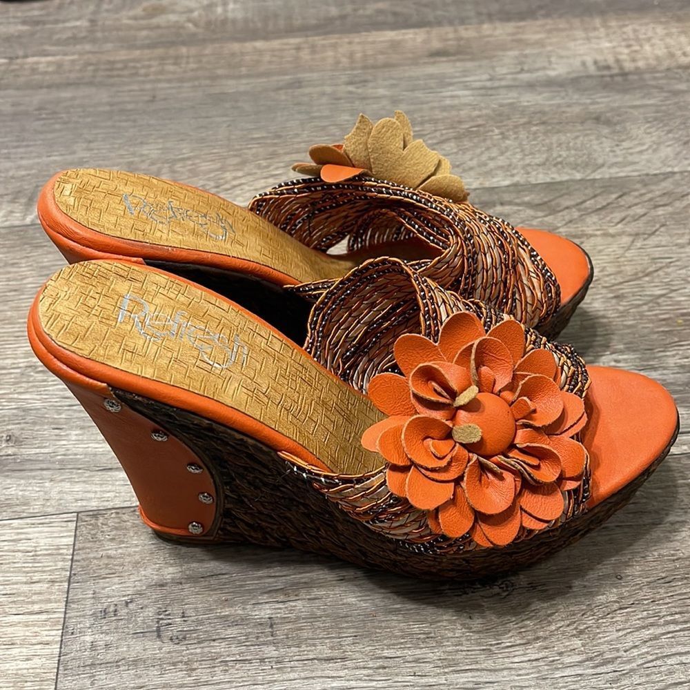 Refresh Womens Wedges Heels Sandal Flower Orange Size 7.5